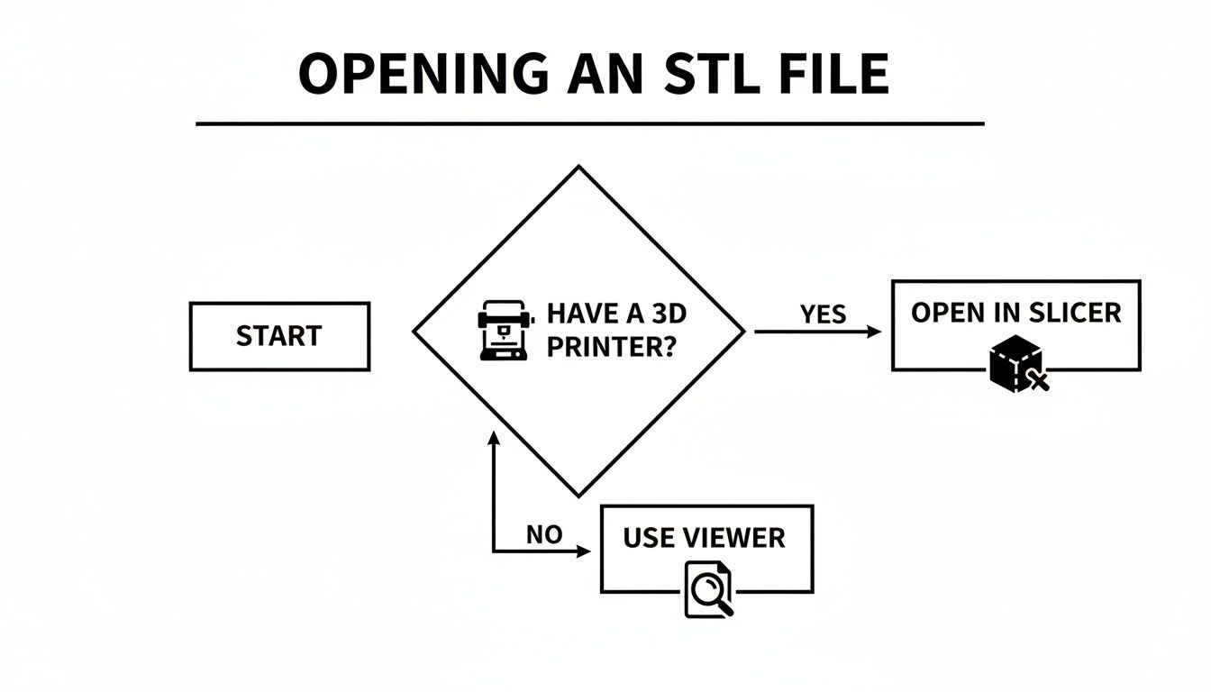 A flowchart showing how to open an STL file, either in a slicer or viewer.