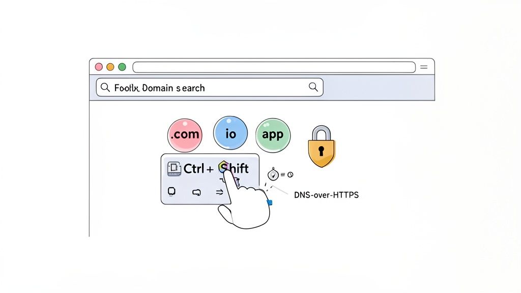 Browser showing 'Footix Domain search' with .com, .io, .app options, and DNS-over-HTTPS security highlighted.