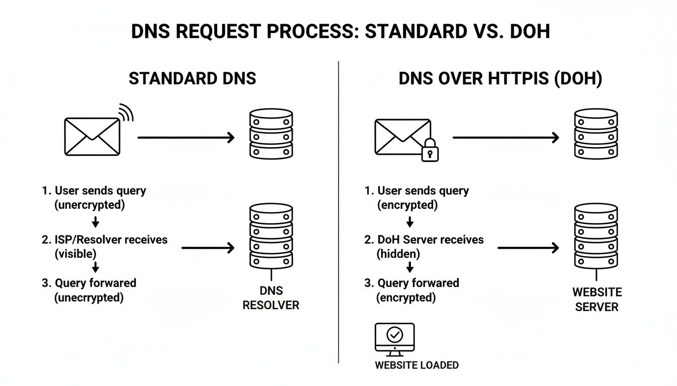 Diagrama comparando o processo DNS padrão com consultas não criptografadas versus DNS sobre HTTPS (DoH) com consultas criptografadas.