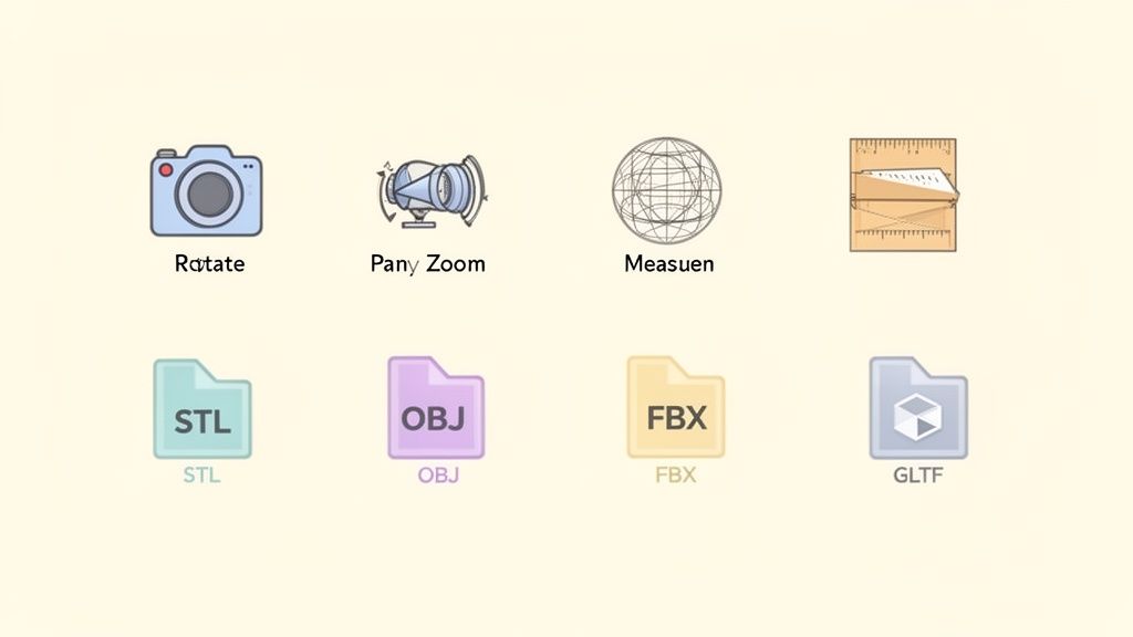 User interface icons for 3D model manipulation (rotate, pan, zoom, measure) and common 3D file types.
