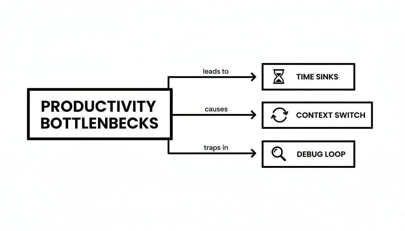 Um fluxograma claro ilustrando como gargalos de produtividade levam a desperdícios de tempo, mudanças de contexto e loops de depuração.