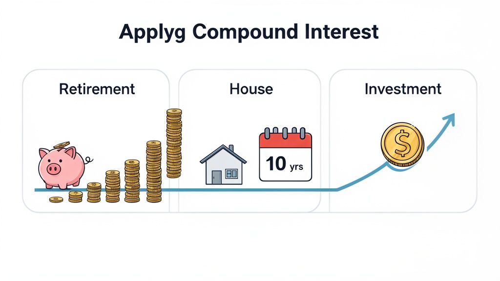 Illustration showing compound interest applied to financial goals like retirement, a house, and investments for growth.