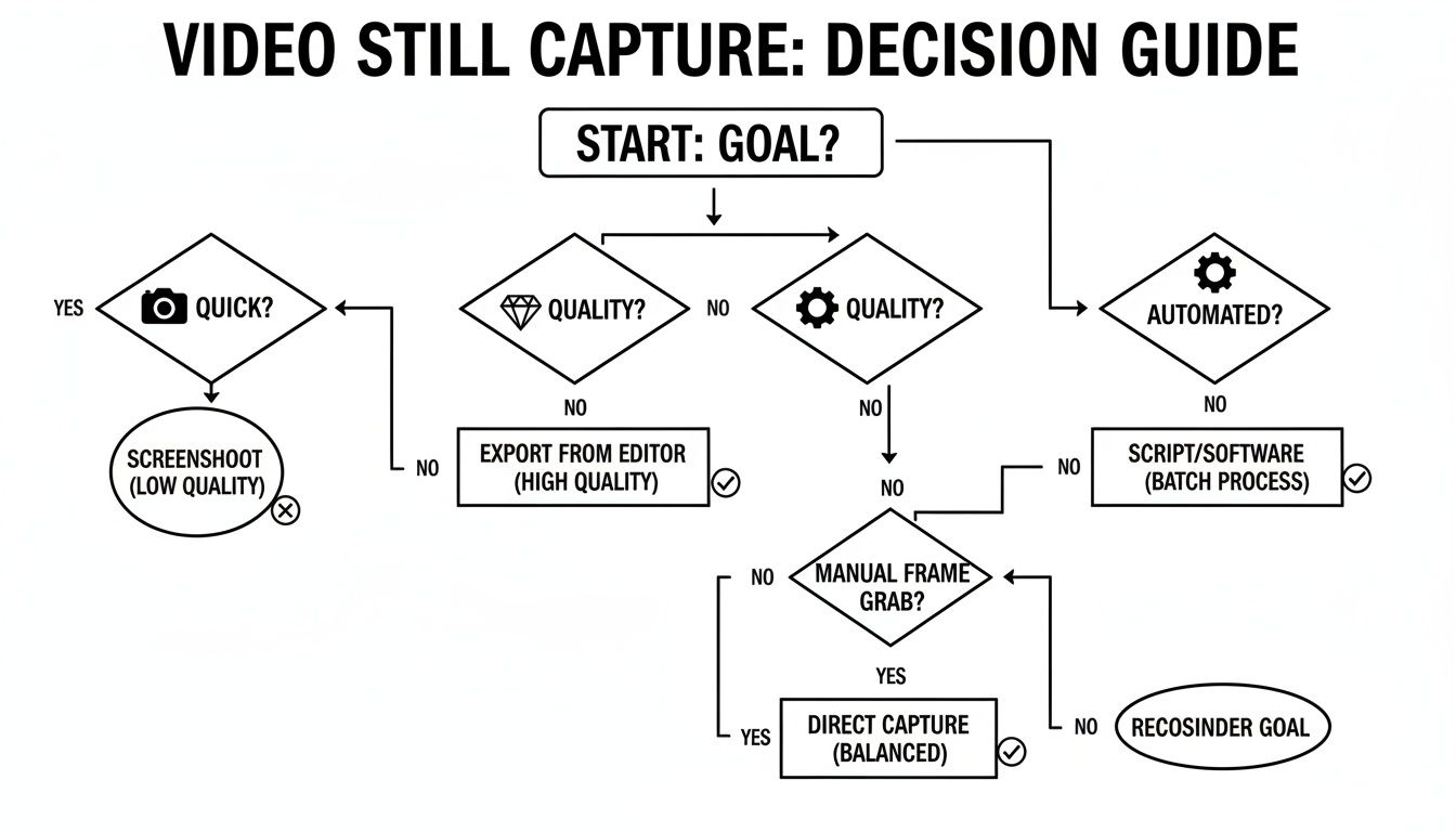A flowchart decision guide for capturing still images from video, outlining methods based on quickness, quality, and automation.