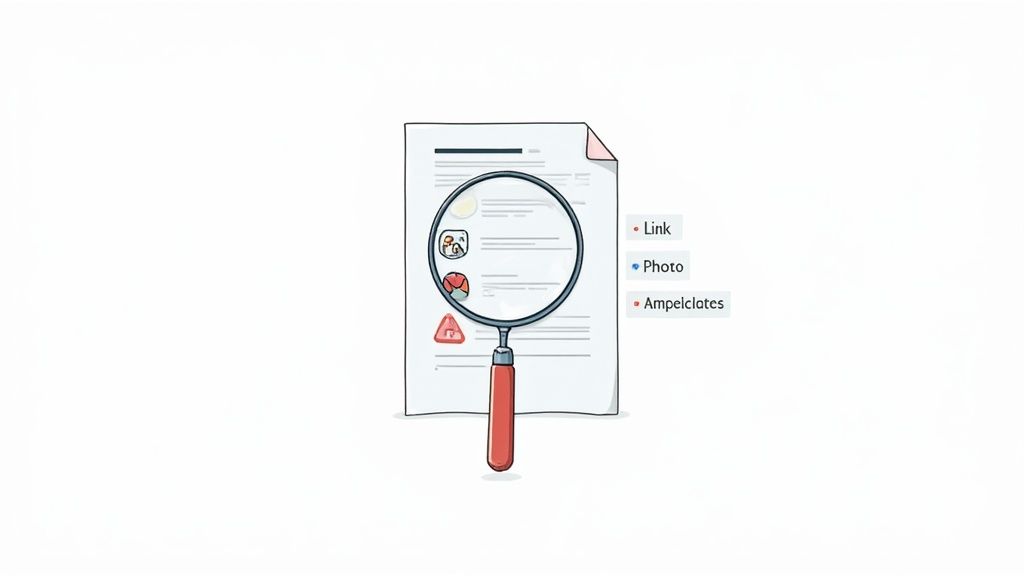 A magnifying glass inspecting a document, highlighting links, photos, and various content types.