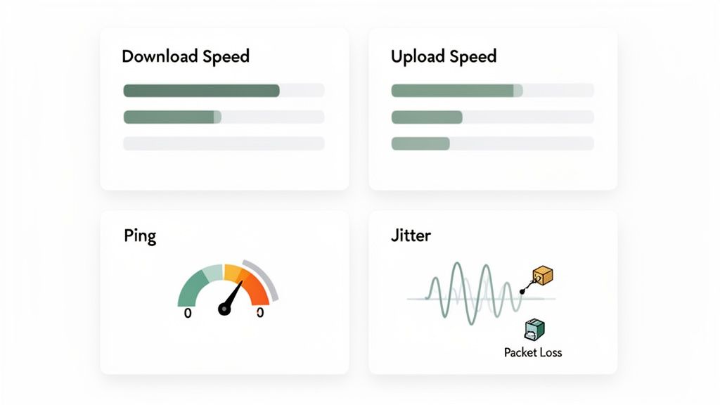 Um painel visual exibindo métricas de teste de velocidade de internet: download, upload, ping, jitter e perda de pacotes.