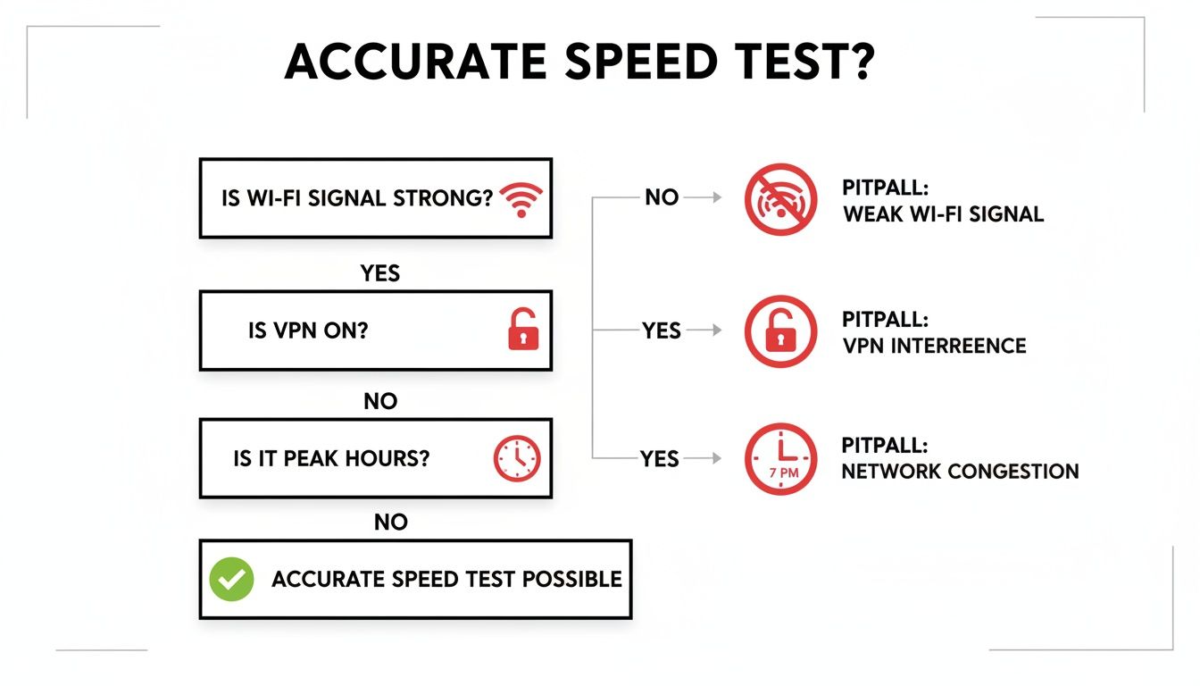 Flowchart illustrating steps to ensure an accurate internet speed test by checking Wi-Fi, VPN, and network congestion.