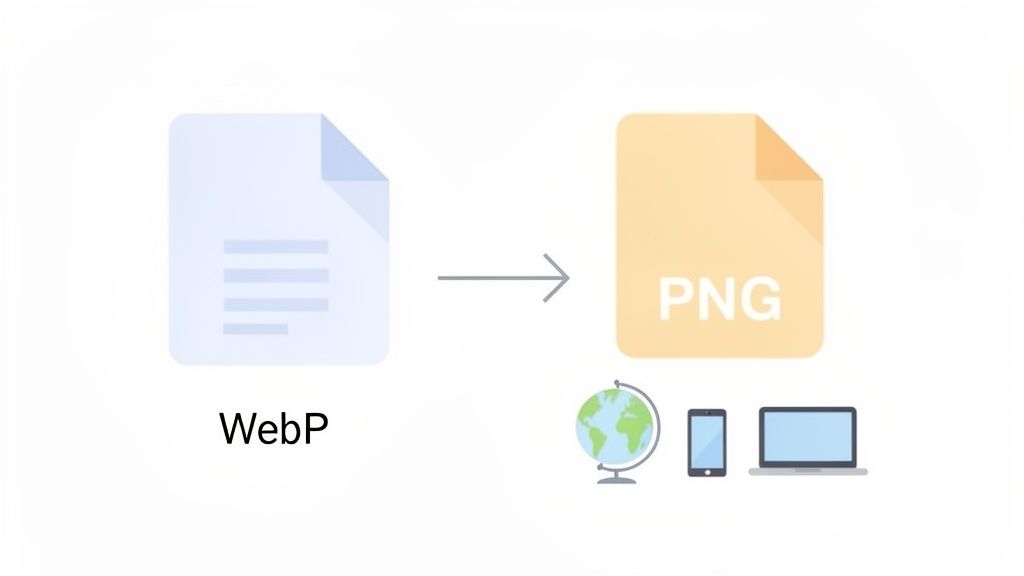 An illustration depicting the conversion of a WebP file to a PNG file, enabling universal compatibility on various devices.