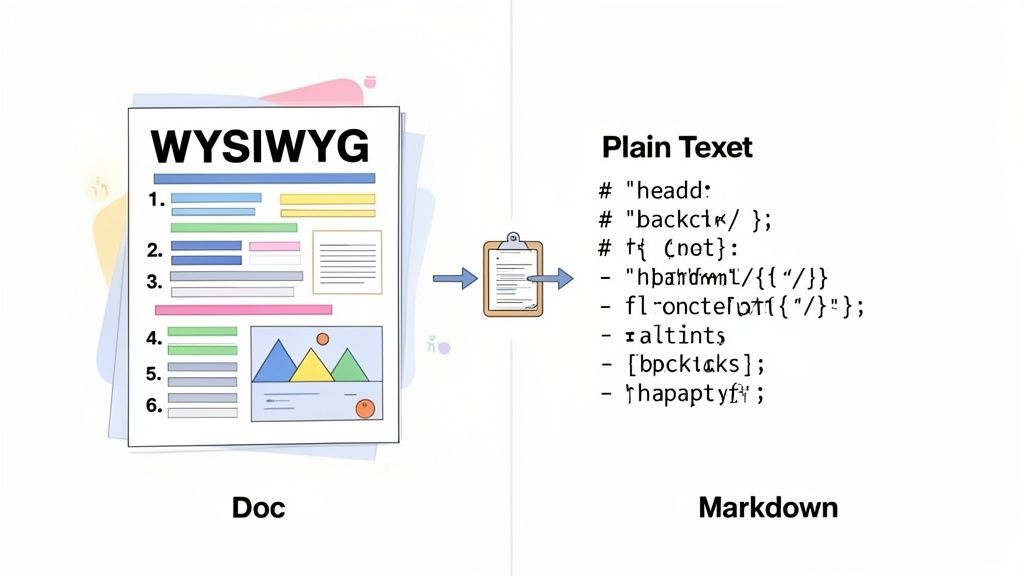 Diagram illustrating the conversion process from a visually rich WYSIWYG document to plain text Markdown.