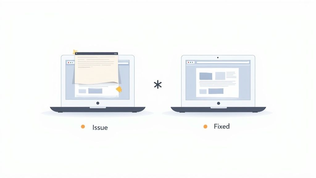 Two laptops side-by-side illustrating a website issue with a sticky note and a fixed, clean webpage.