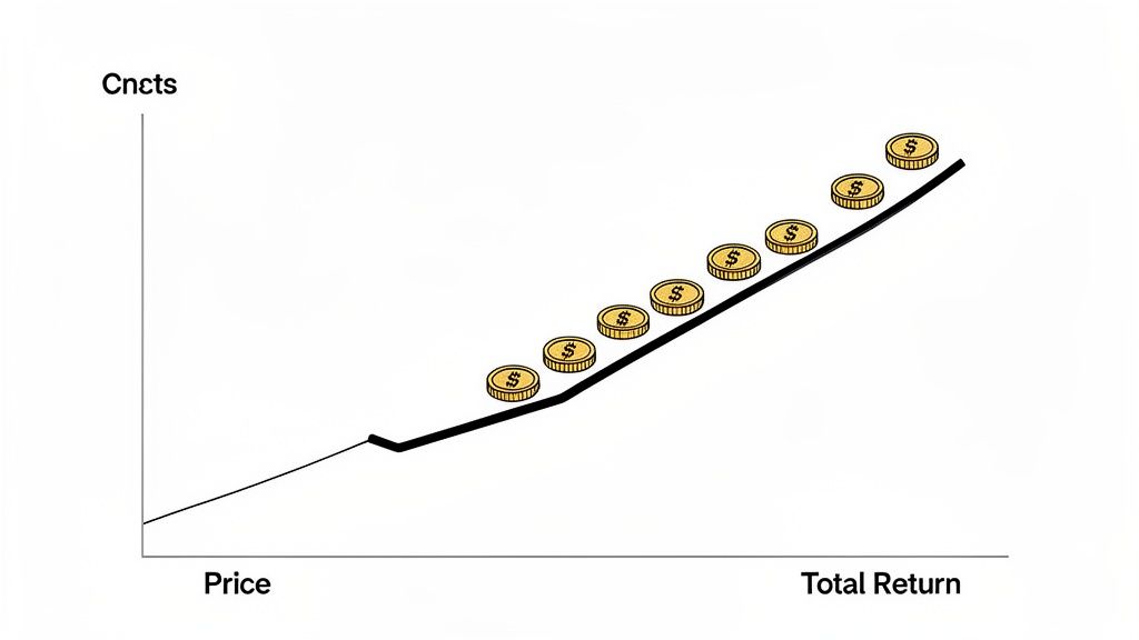 A graph illustrating increasing total return with gold coins along an upward-sloping line.