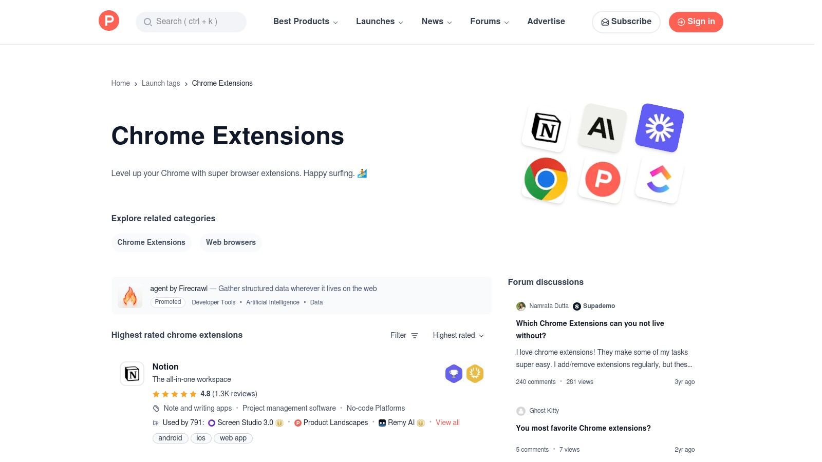 Product Hunt (tópico de Extensões do Chrome)