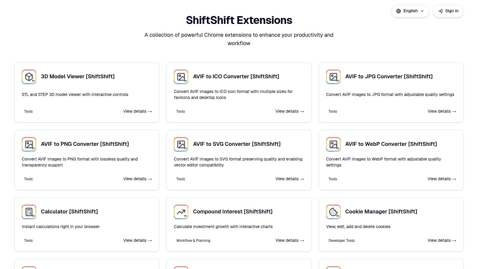 Uma lista de ferramentas disponíveis dentro da Paleta de Comando das Extensões ShiftShift, mostrando sua ampla gama de funcionalidades.