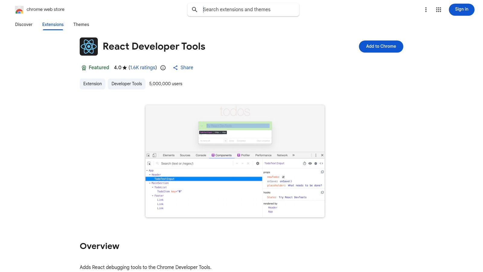 React Developer Tools – official Chrome Web Store page