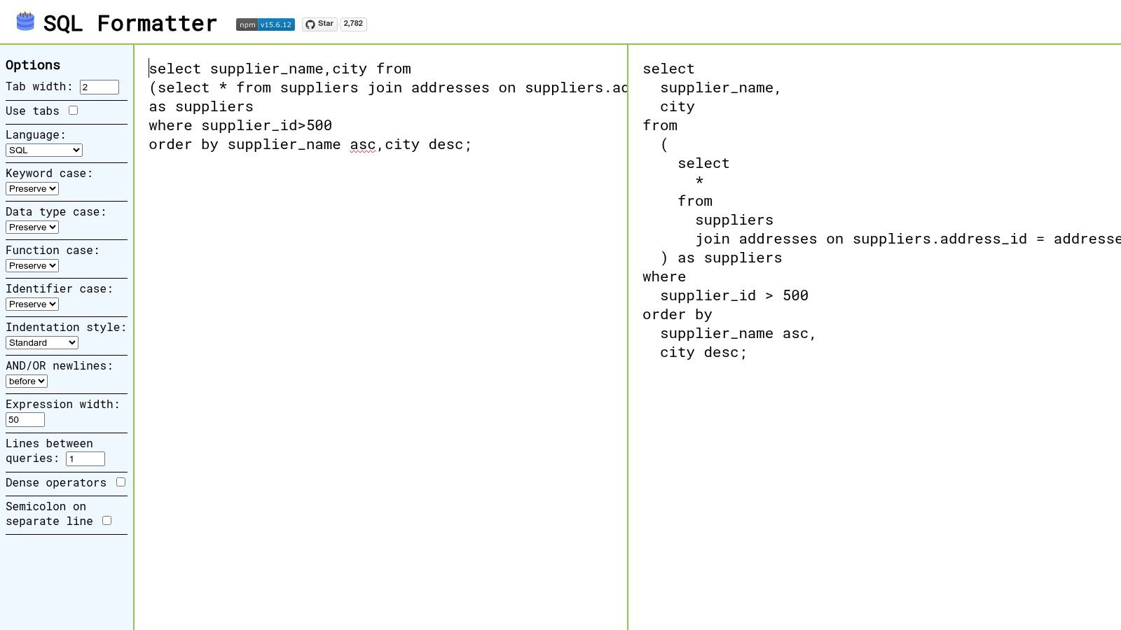 SQL Formatter (Demo) pela biblioteca sql-formatter