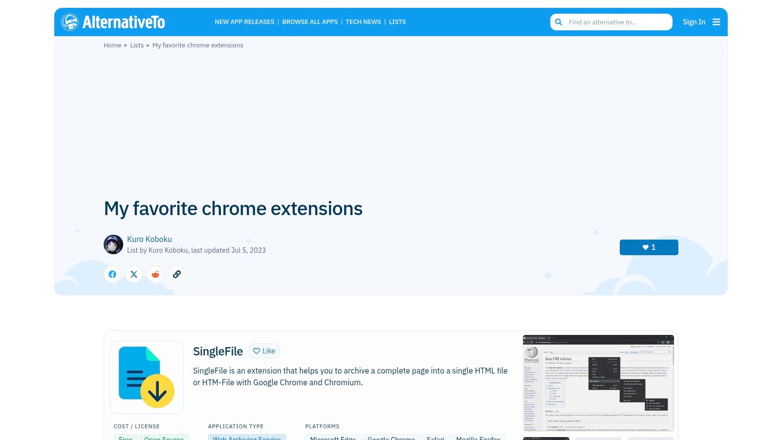 AlternativeTo – Extension/Apps Comparison Pages