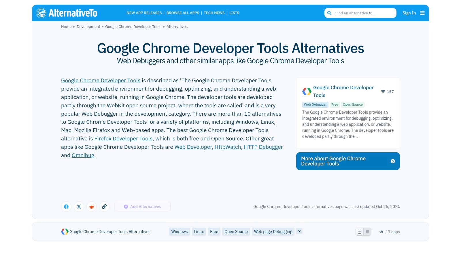 AlternativeTo – Google Chrome Developer Tools alternatives and extension lists