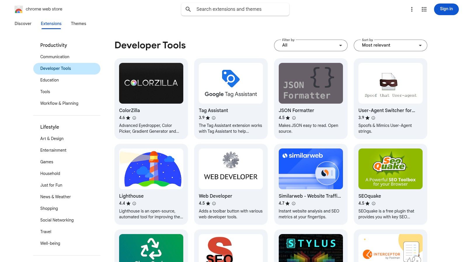 Chrome Web Store – Developer Tools category