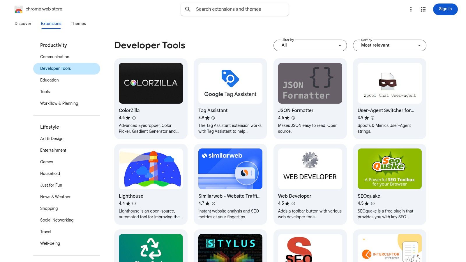 Chrome Web Store (categoria Ferramentas de Desenvolvedor)