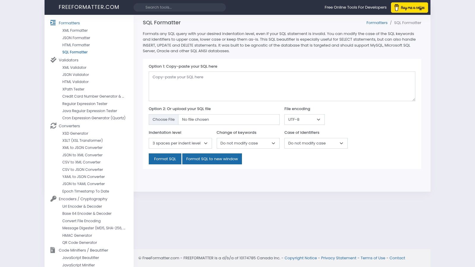 FreeFormatter.com – SQL Formatter