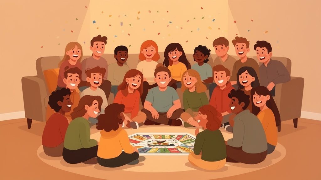 Diverse group of happy young friends playing a board game together in a cozy living room.