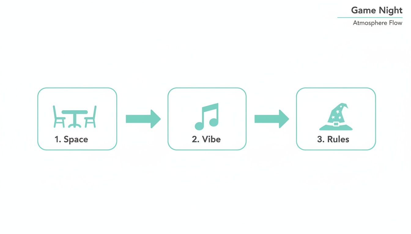 Flowchart outlining three steps for creating a game night atmosphere: Space, Vibe, and Rules.