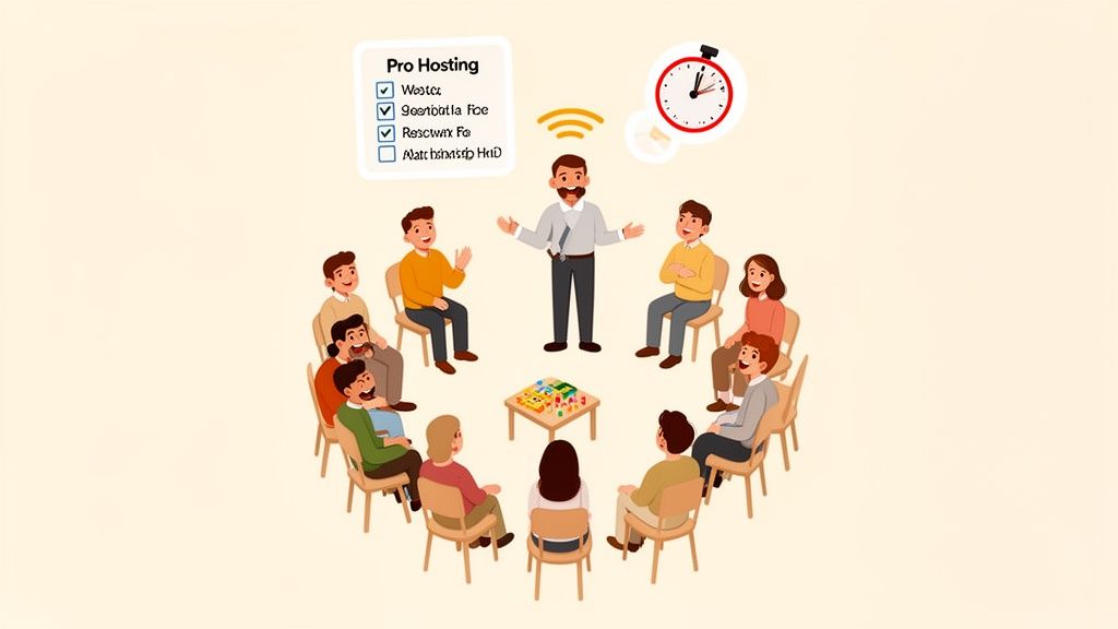 An illustration showing a diverse group of people playing board games and interacting in a circle, led by a host.