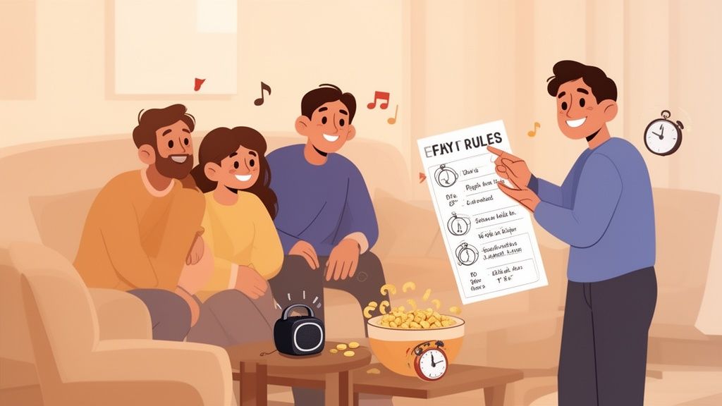 Four happy friends playing a lively game with rules, music, and snacks in a cozy living room.