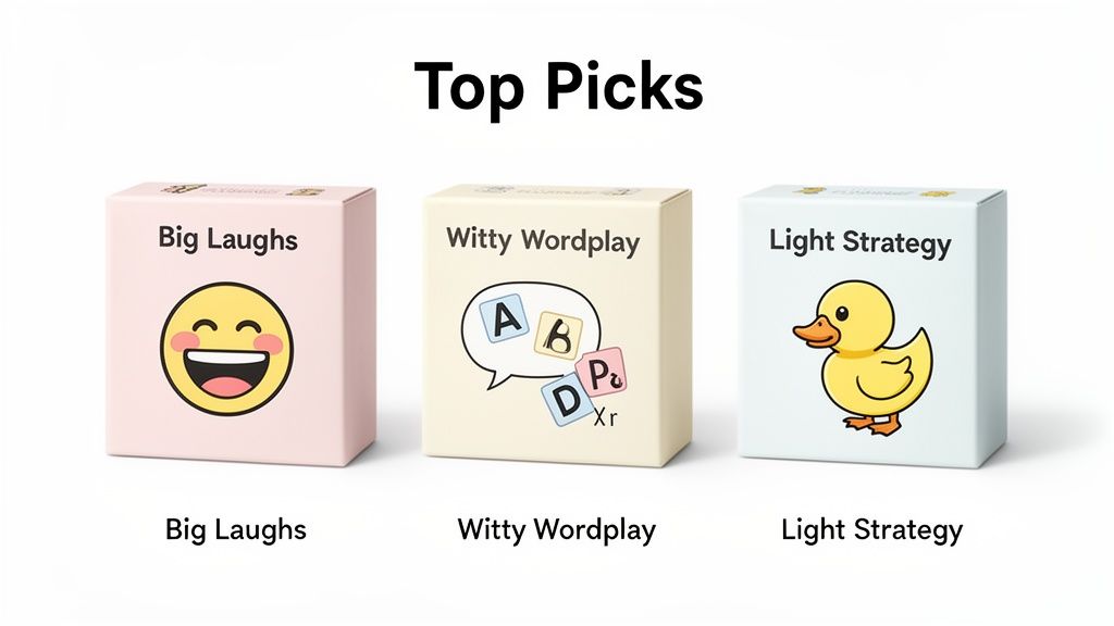 Three colorful board game boxes: Big Laughs (emoji), Witty Wordplay (letters), and Light Strategy (rubber duck), showcased as top picks.