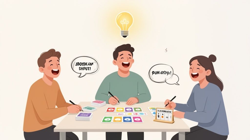 Three smiling friends laughing and playing a colorful board game with cards and a score tracker.