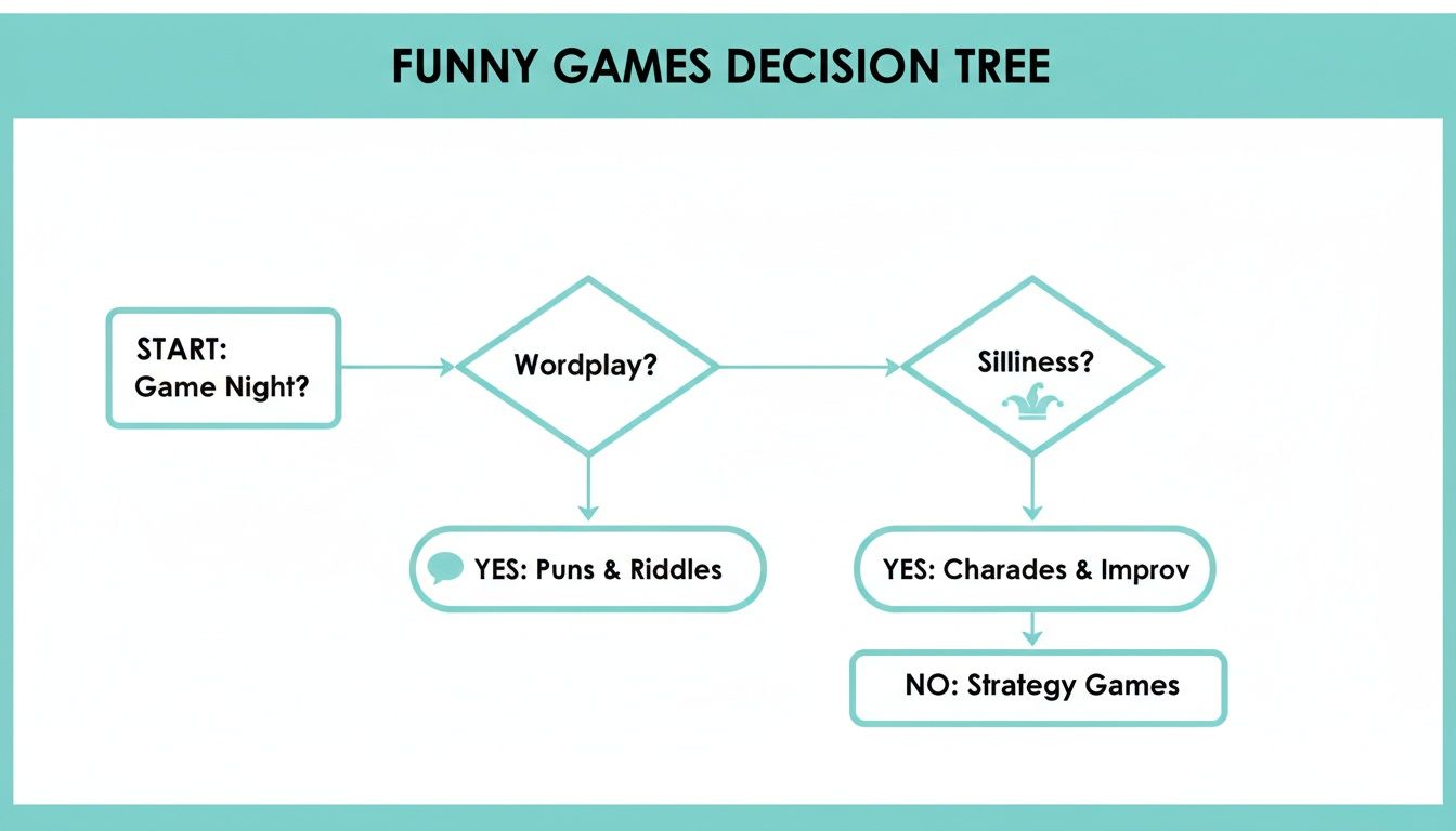 A decision tree titled 'Funny Games Decision Tree' guiding game selection for game night.