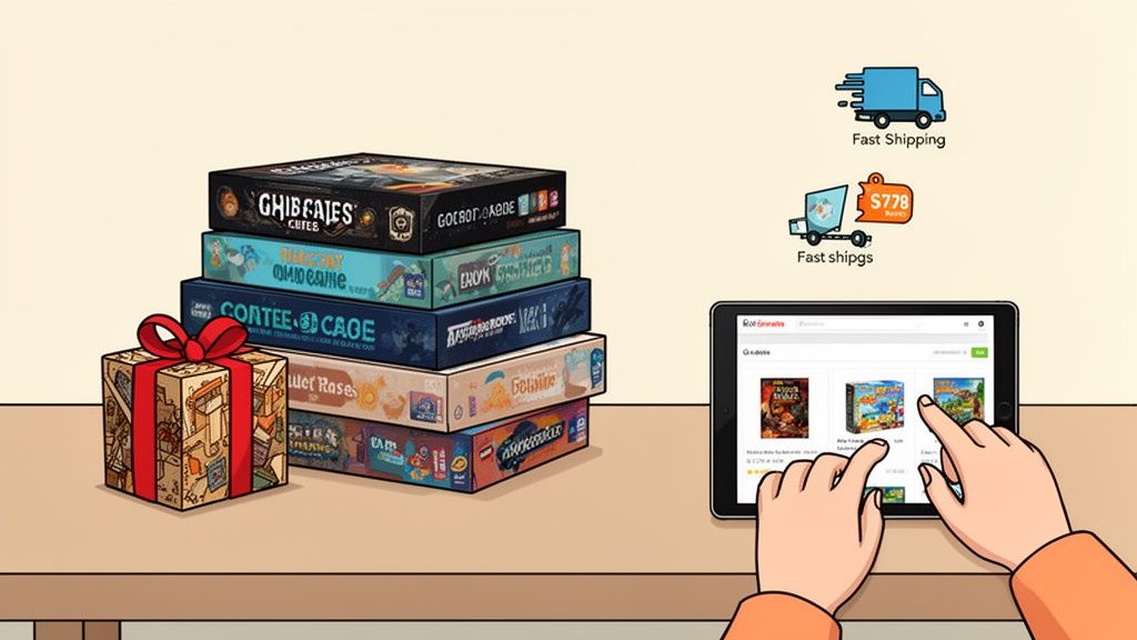 Hands browsing board games on a tablet next to a stack of games, with fast shipping options.