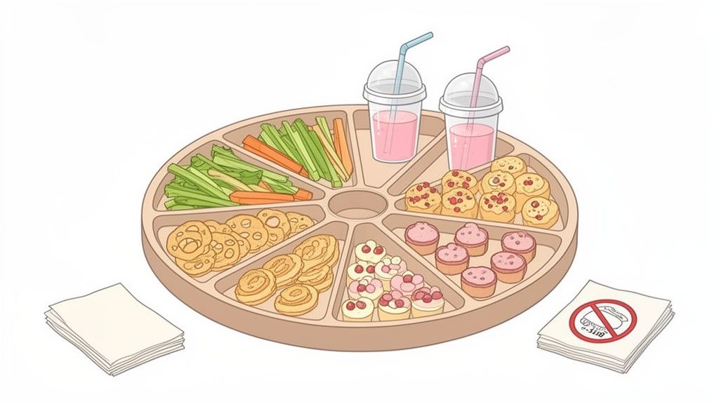 A fun segmented snack platter with veggies, cookies, mini desserts, and pink drinks, plus napkins.