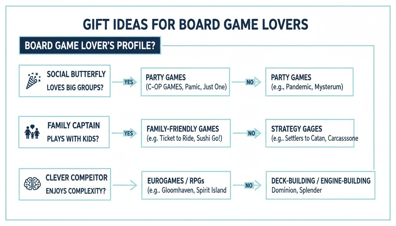 A flowchart presenting gift ideas for board game lovers based on their social, family, or competitive profiles.