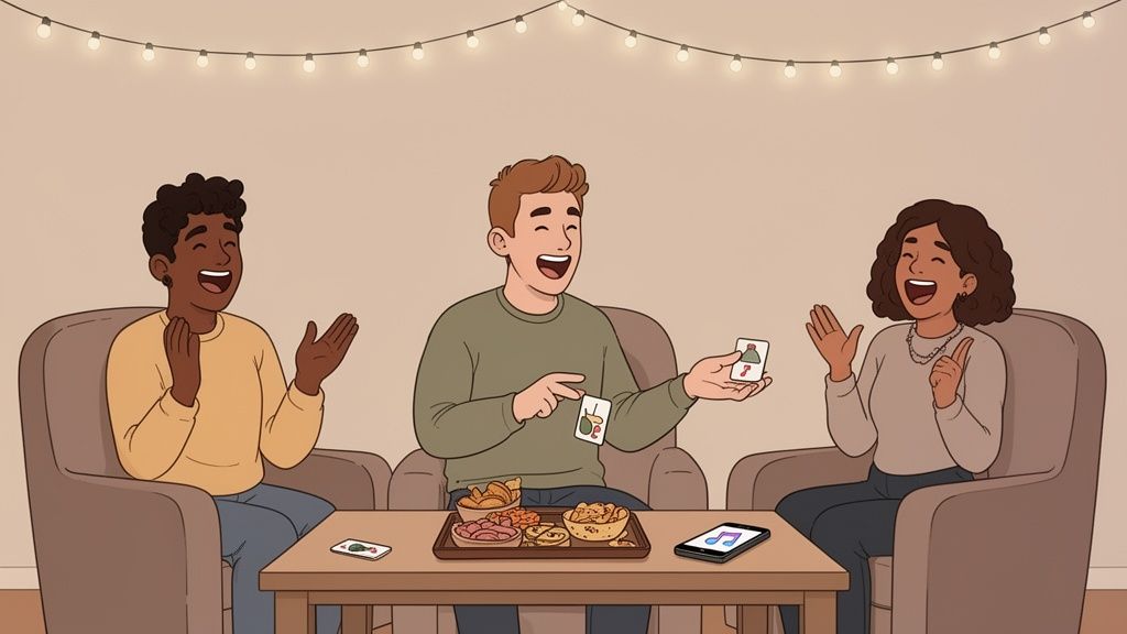 Three happy friends laughing and playing a card game with snacks on a table.