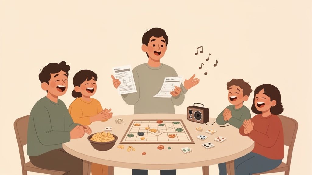 A happy family and friends playing a board game together with music and snacks.