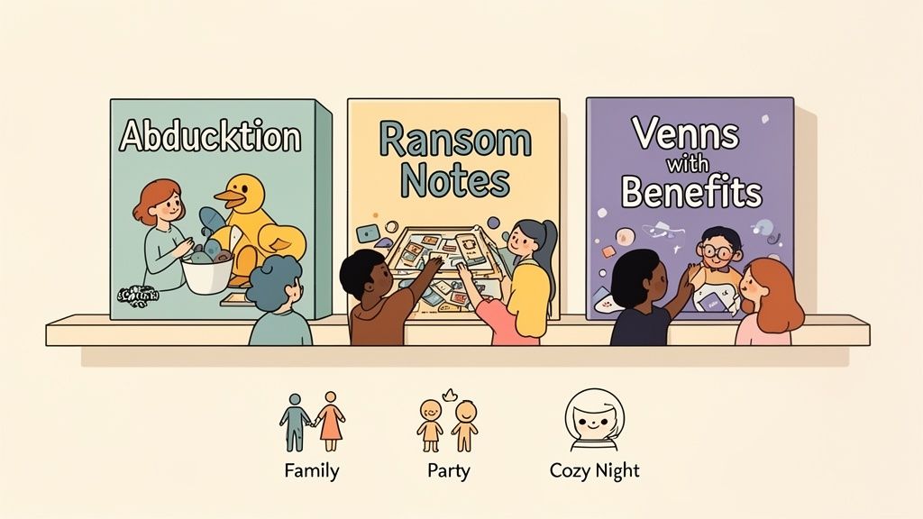 Three different board games on a shelf, categorized for family, party, and cozy night activities.