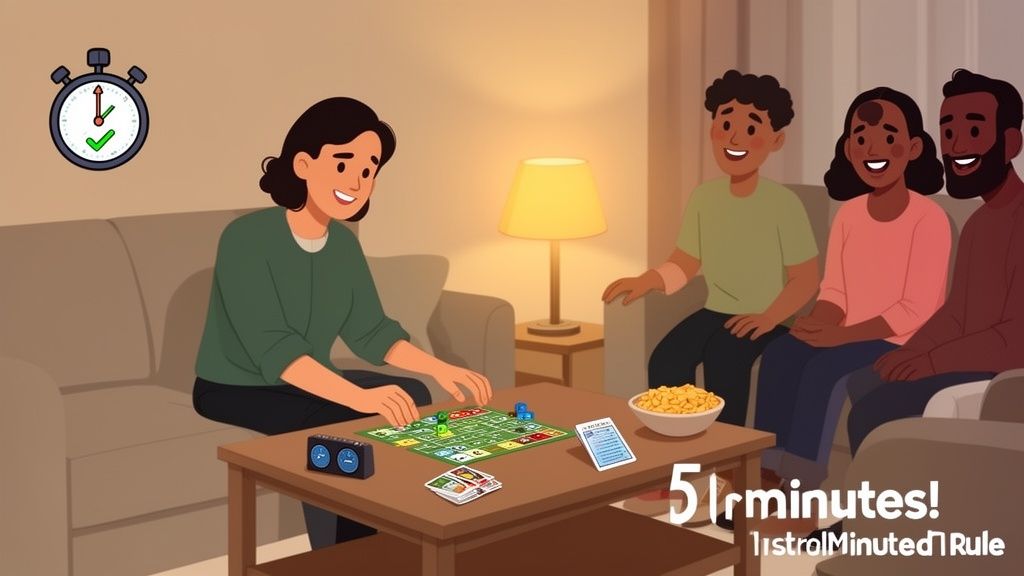 Four people playing a board game in a living room, with a timer icon.