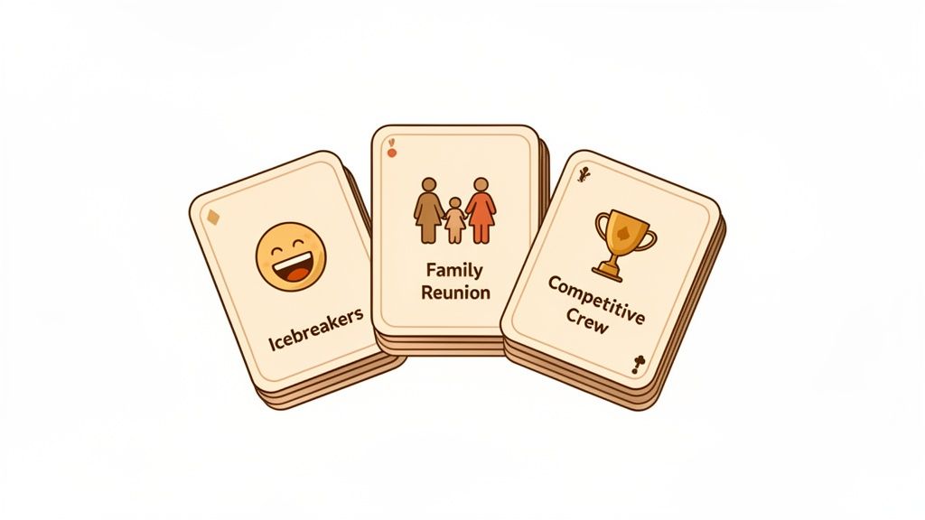 Three stacks of illustrated game cards showing Icebreakers, Family Reunion, and Competitive Crew categories.