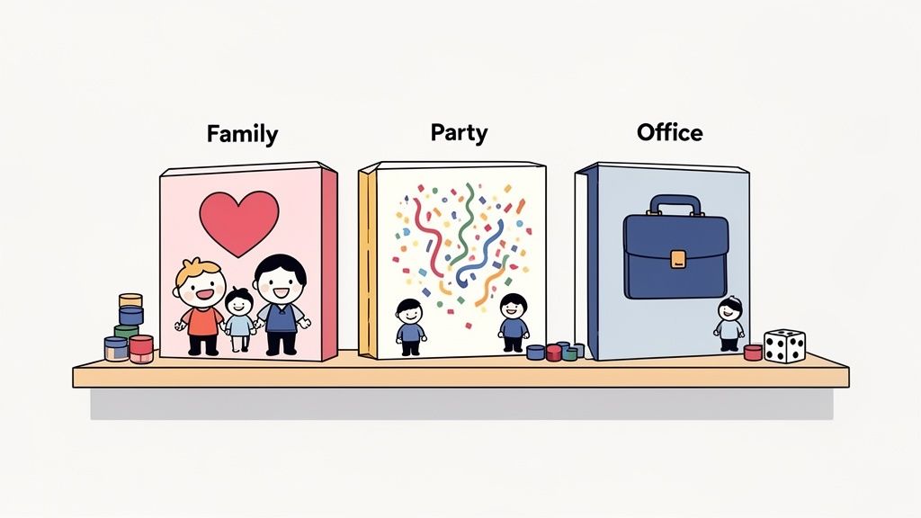 Cartoon illustration of a shelf with books labeled 'Family', 'Party', and 'Office' with figures and tokens.