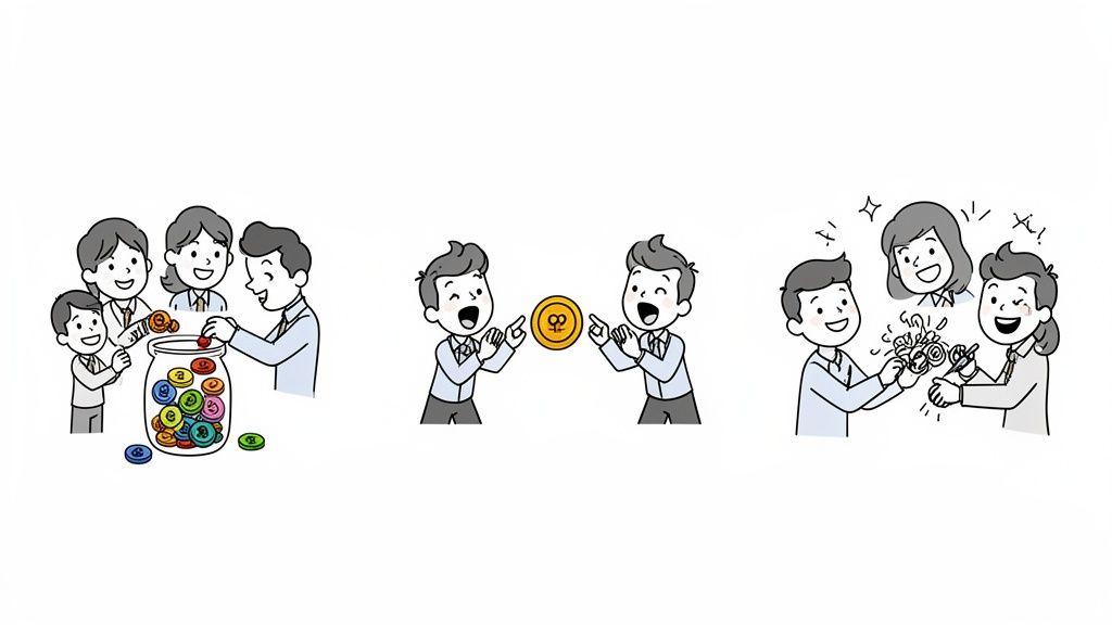 Cartoon image showing people saving money, exchanging coins, and working together on small objects.