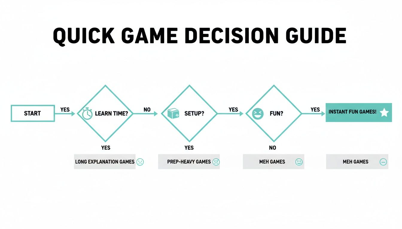 A flowchart titled 'Quick Game Decision Guide' helps determine if a game is instant fun based on learn time, setup, and enjoyment.