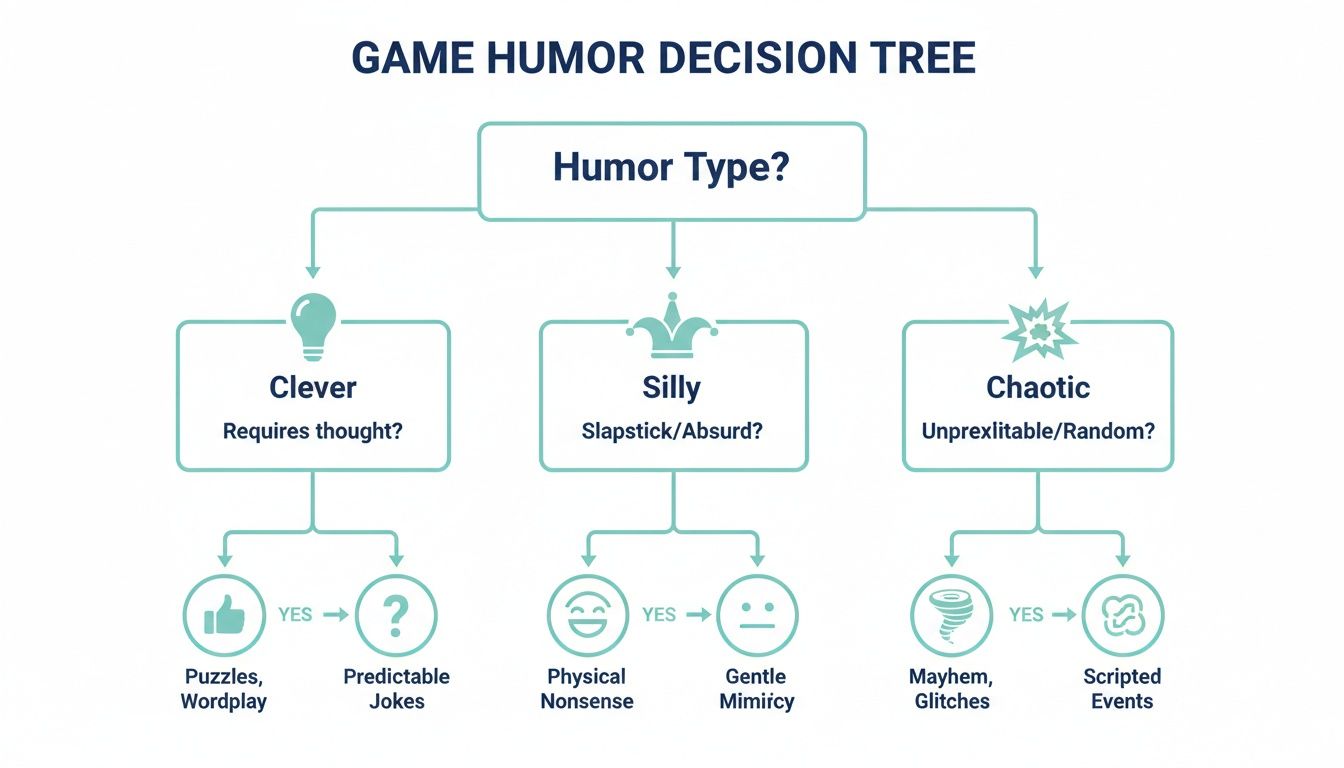 A decision tree flowchart categorizing game humor into Clever, Silly, and Chaotic types with examples.