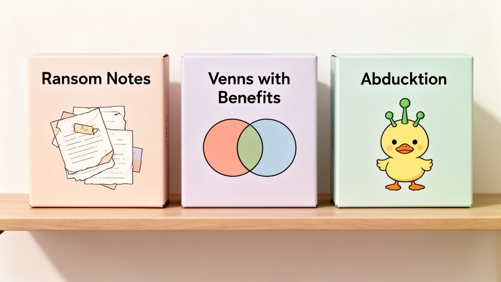 Three humorously titled board game boxes, 'Ransom Notes', 'Venns with Benefits', and 'Abduktion', on a wooden shelf.