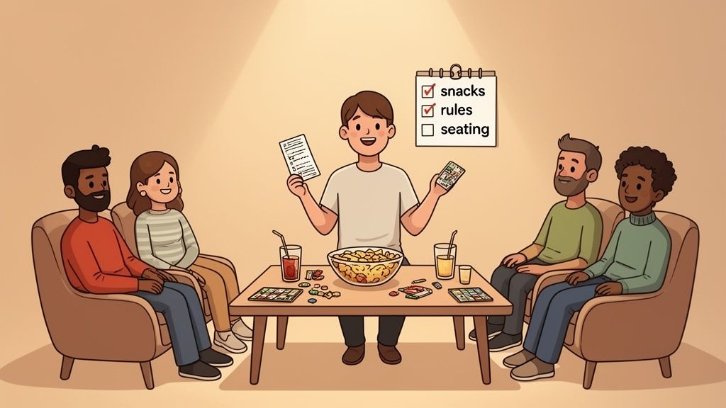 A diverse group of five friends enjoys playing board games with snacks and drinks.