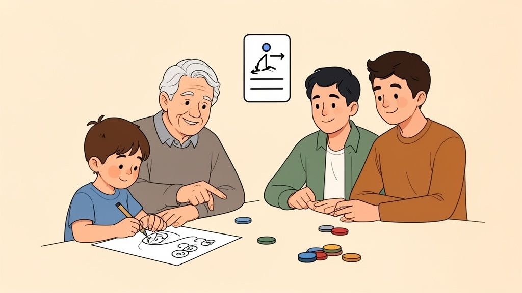 An older man, two younger men, and a child are playing a drawing game with chips on a table.