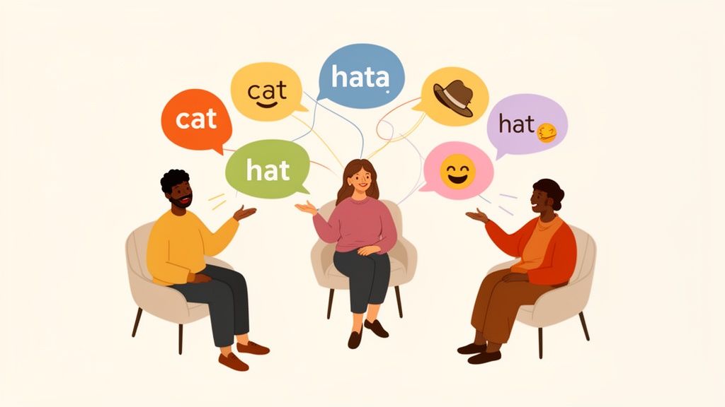 Three diverse people discuss words and concepts, like 'cat' and 'hat', with speech bubbles.