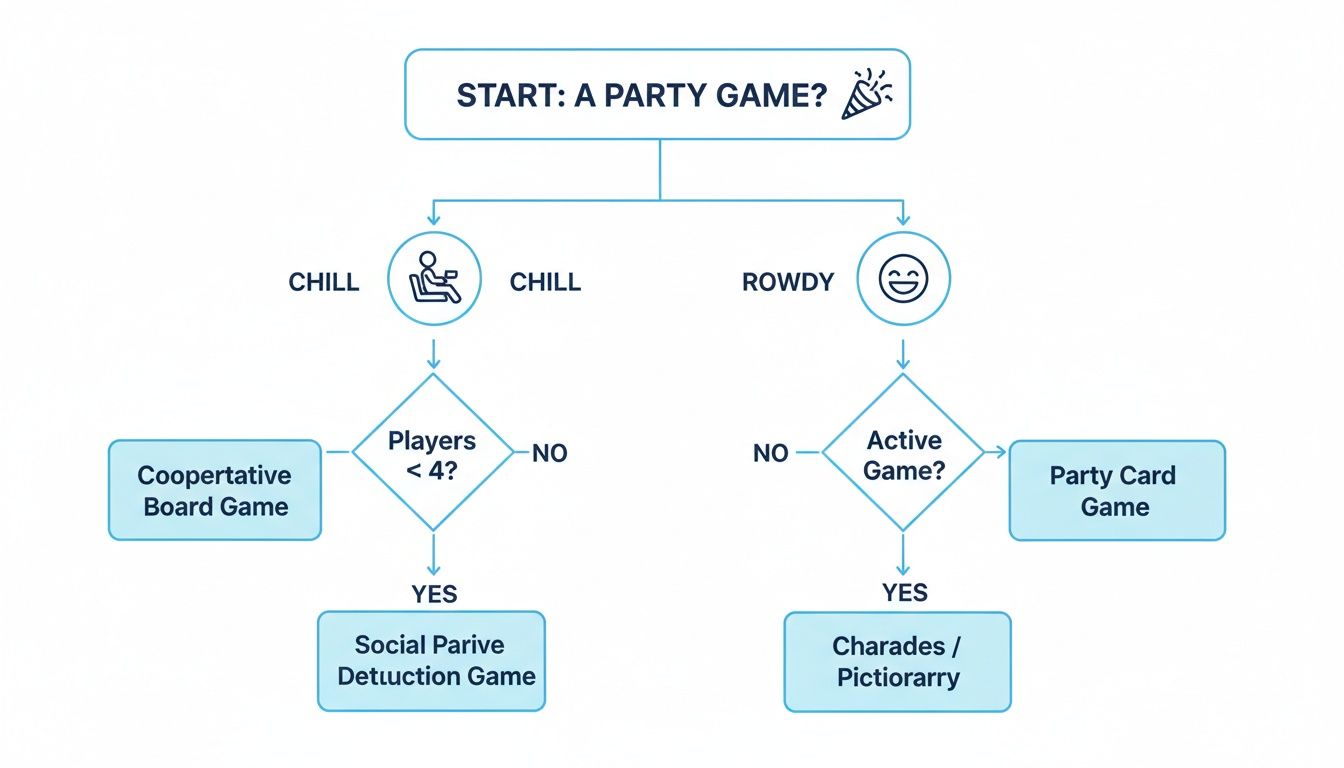 A flowchart helping to choose party games based on desired mood and player count.