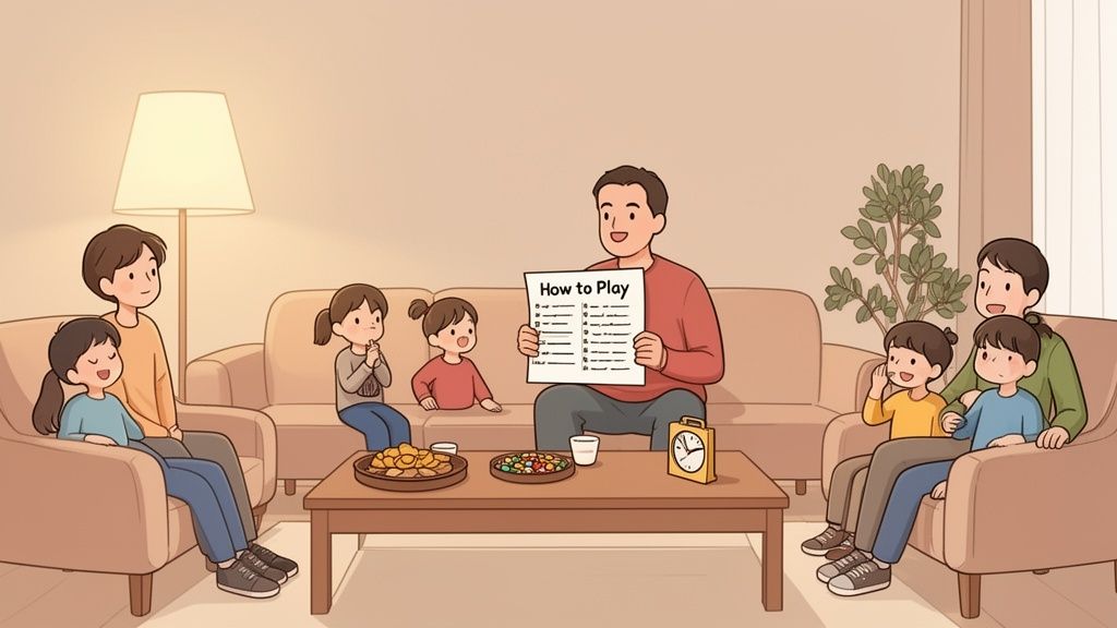 A happy family gathered in a living room, learning how to play a new board game together.