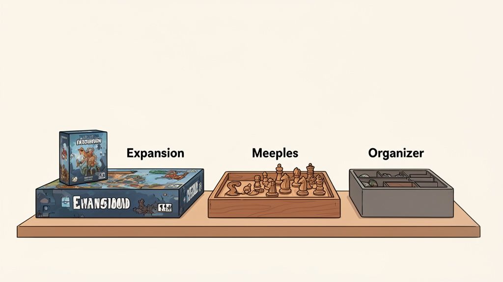 A shelf displays various board game components: an expansion box, meeples in a wooden tray, and a gray organizer.