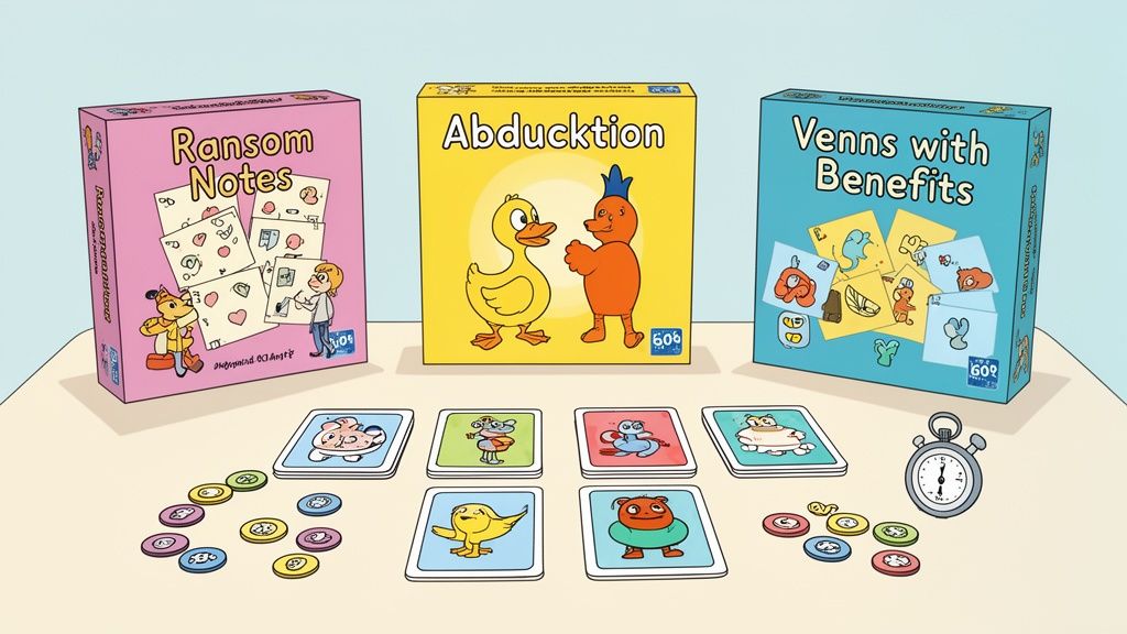 Three colorful board games, 'Ransom Notes', 'Abducktion', and 'Venns with Benefits', displayed with cards and tokens on a table.